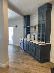 narrow shot-nice grey cabinetry+sink